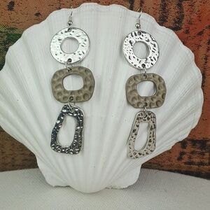 Hammered Mixed-Metal Triple Drop Earrings - Silver & Brass